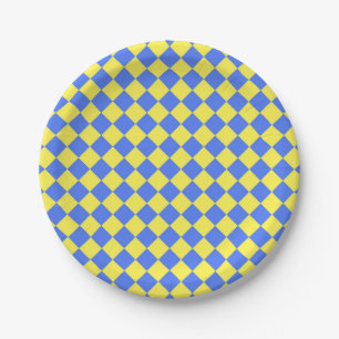 Yellow Blue Checker Diamond Pattern Paper Plates
