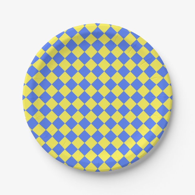 Yellow Blue Checker Diamond Pattern Paper Plates (Front)