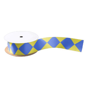 Yellow Blue Checker Diamond Pattern Satin Ribbon