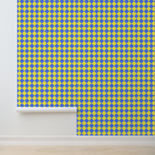 Yellow Blue Checker Diamond Pattern Wallpaper