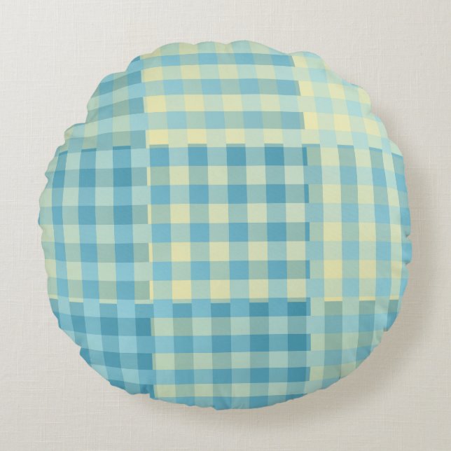 Yellow Blue Checker Patchwork Pattern Round Pillow (Front)