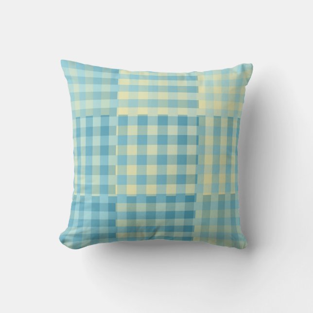 Yellow Blue Checker Patchwork Pattern Throw Pillow (Front)