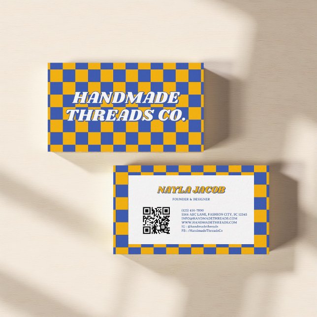 Yellow Blue Checkerboard Modern Retro Business Card (Creator Uploaded)