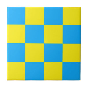 Yellow Blue Checkered Check Pattern Ceramic Tile