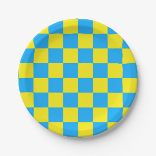 Yellow Blue Checkered Check Pattern Paper Plates
