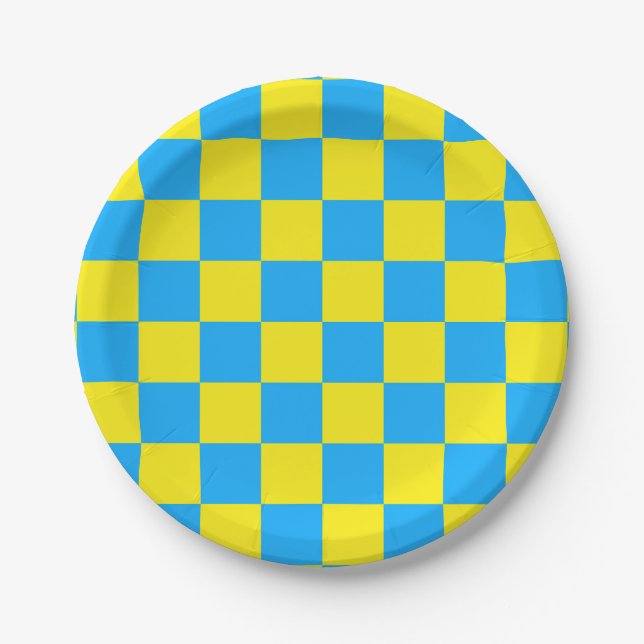 Yellow Blue Checkered Check Pattern Paper Plates (Front)