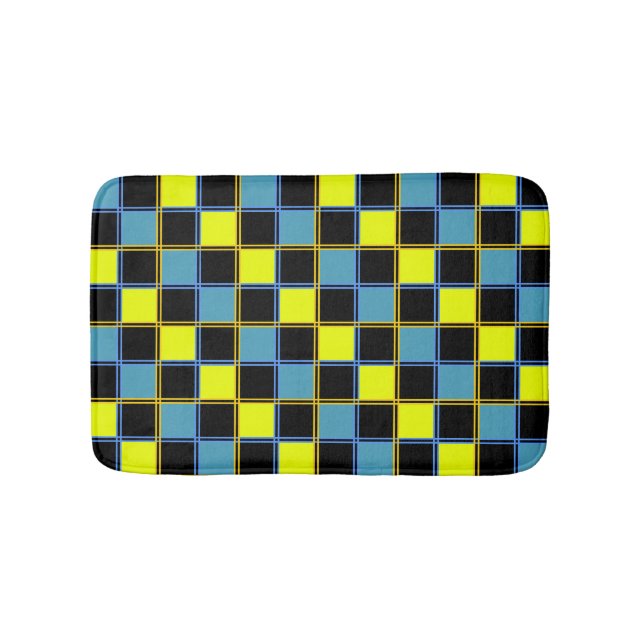 Yellow blue checkered geometric pattern  bath mat (Front)