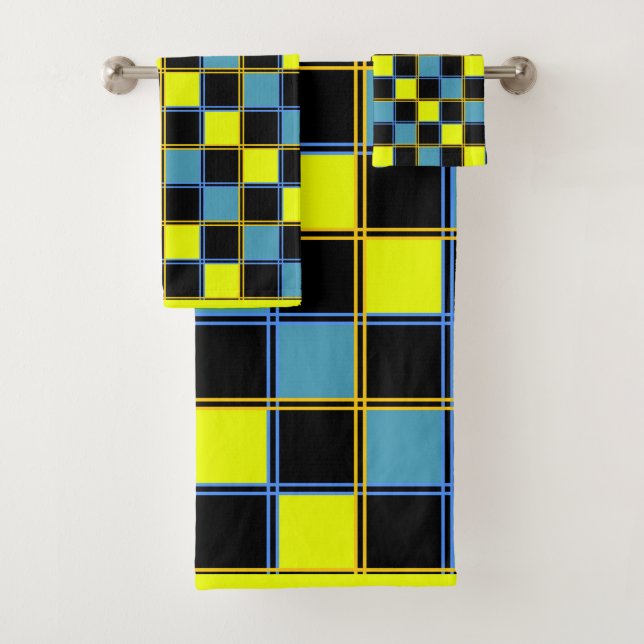 Yellow blue checkered geometric pattern  bath towel set (Insitu)