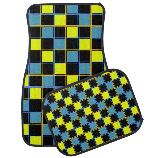 Yellow blue checkered geometric pattern  car floor mat (Set)