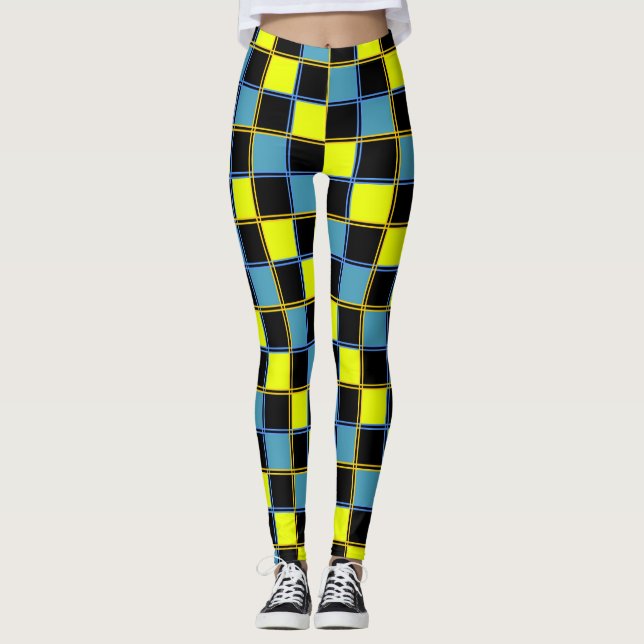 Yellow blue checkered geometric pattern leggings (Front)