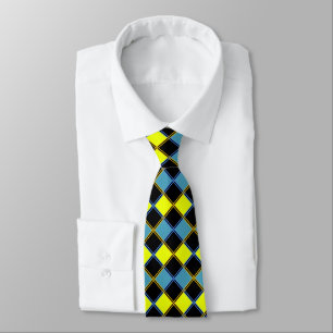 Yellow blue checkered geometric pattern neck tie