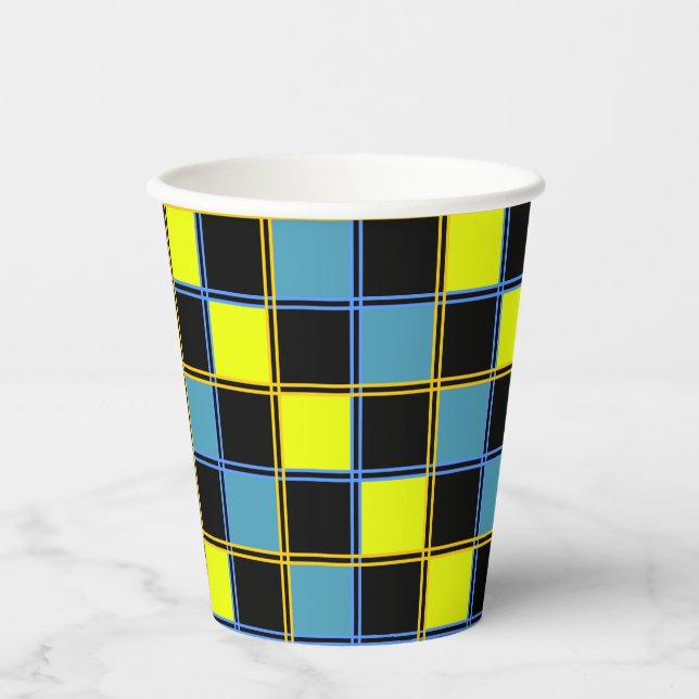 Yellow blue checkered geometric pattern  paper cups (Front)