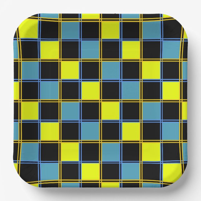 Yellow blue checkered geometric pattern  paper plates (Front)