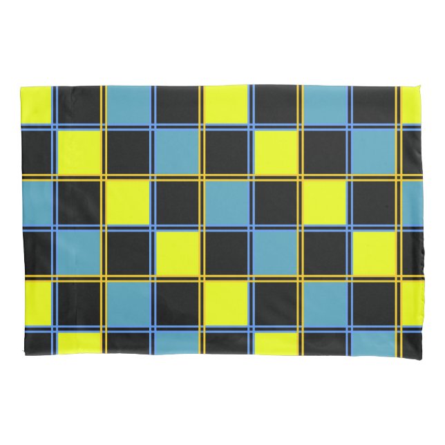 Yellow blue checkered geometric pattern pillow case (Front)