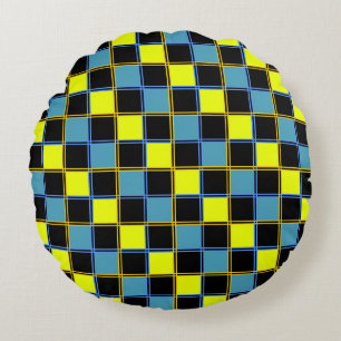 Yellow blue checkered geometric pattern  round pillow