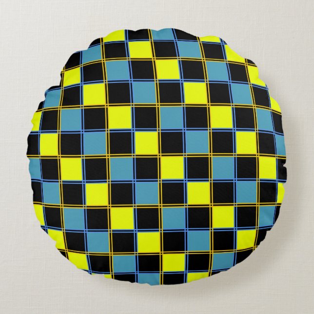 Yellow blue checkered geometric pattern  round pillow (Front)