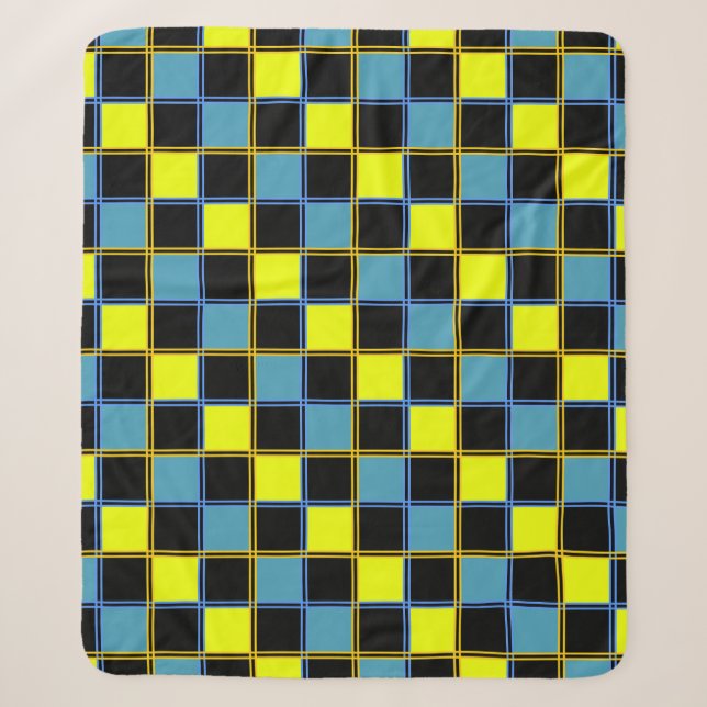 Yellow blue checkered geometric pattern sherpa blanket (Front)