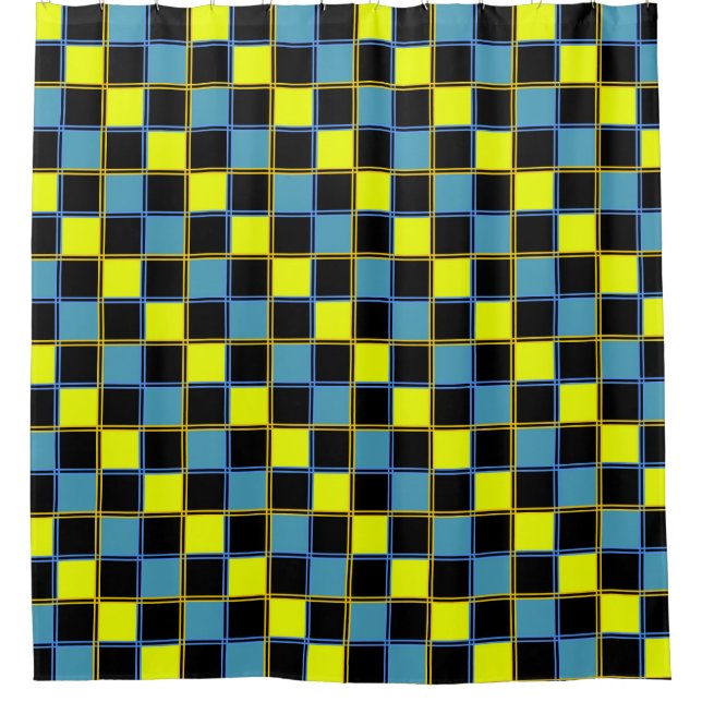 Yellow blue checkered geometric pattern  shower curtain (Front)