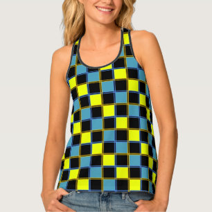 Yellow blue checkered geometric pattern tank top