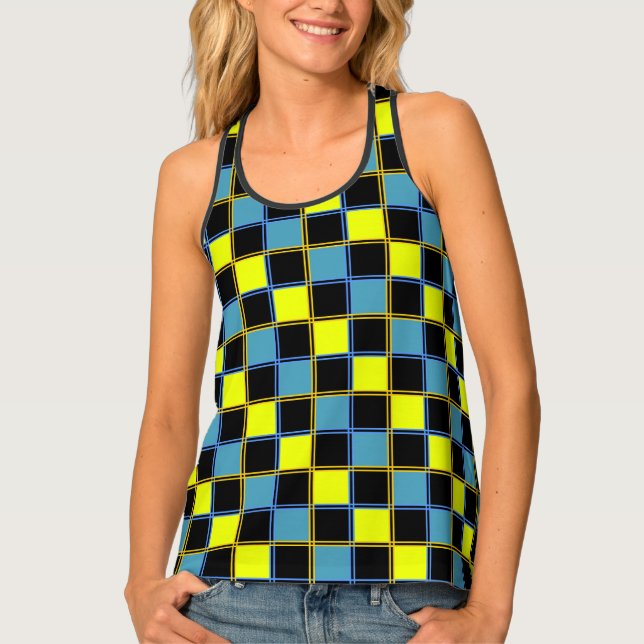 Yellow blue checkered geometric pattern tank top (Front)