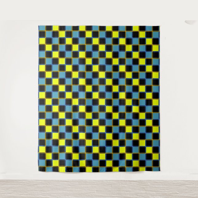 Yellow blue checkered geometric pattern tapestry (Front)