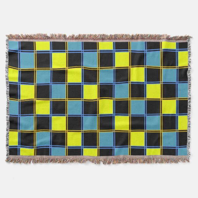 Yellow blue checkered geometric pattern throw blanket (Front)