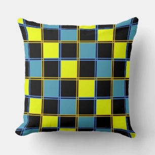 Yellow blue checkered geometric pattern throw pill pillow