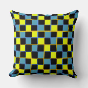 Yellow blue checkered geometric pattern throw pillow