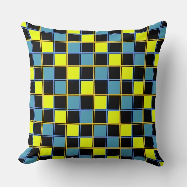 Yellow blue checkered geometric pattern throw pillow (Front)