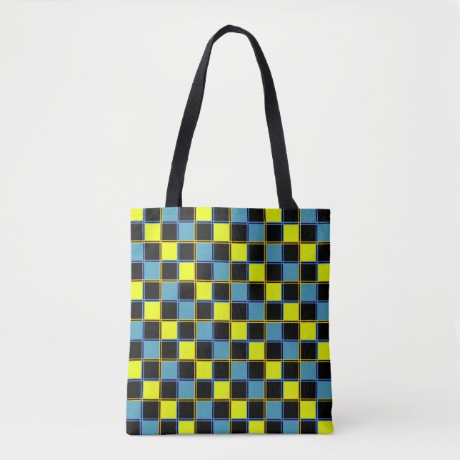 Yellow blue checkered geometric pattern  tote bag (Front)