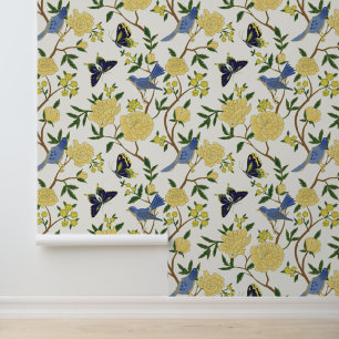 Yellow & Blue Chinoiserie Cloisonne Birds Wallpaper