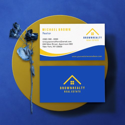 Yellow Blue Classy Roof and Window Logo Rent Home Business Card