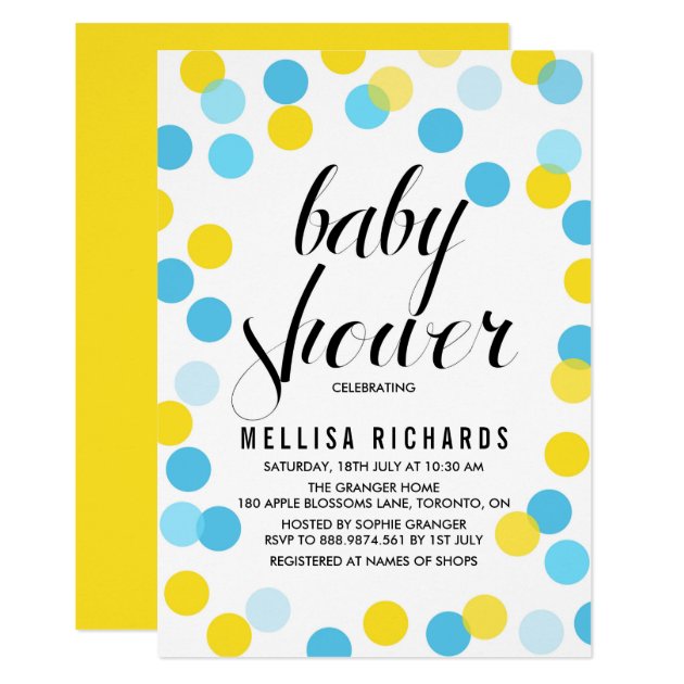 Yellow & Blue Confetti Polka Dots Baby Shower Invitation