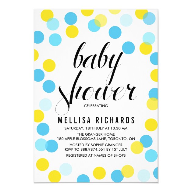 Yellow & Blue Confetti Polka Dots Baby Shower Invitation