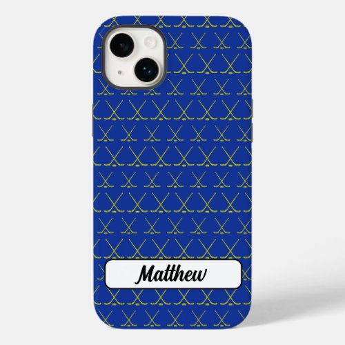 Yellow Blue Crossed Hockey Sticks with Puck Case_Mate iPhone 14 Plus Case