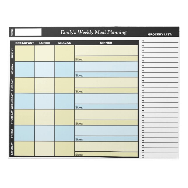 Yellow & Blue Custom Weekly Meal Planning Notepad (Front)