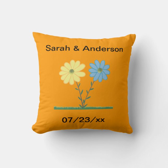 Yellow & Blue Daisy Flowers Wedding Pillows (Front)