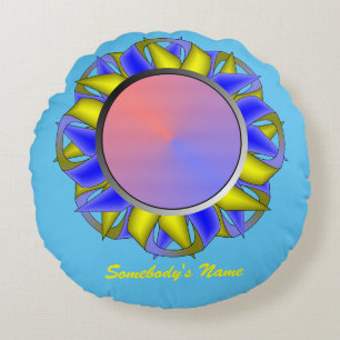 Yellow-Blue Disc Ribbon by Kenneth Yoncich Round Pillow