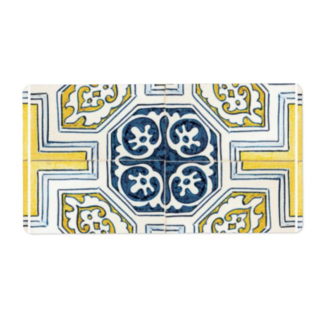 Yellow Blue Faux Geometric Tile Art Label (Front)