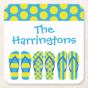 Yellow Blue Flip Flops Personalized Paper Coasters