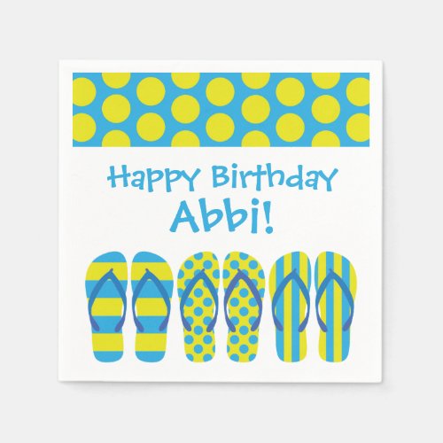 Yellow  Blue Flip Flops Personalized Party Napkin