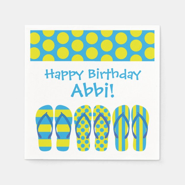 Yellow & Blue Flip Flops Personalized Party Napkin (Front)