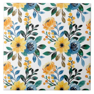 Yellow blue floral daisy pattern garden flowers ceramic tile