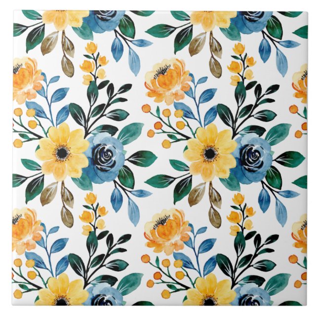 Yellow blue floral daisy pattern garden flowers  ceramic tile (Front)