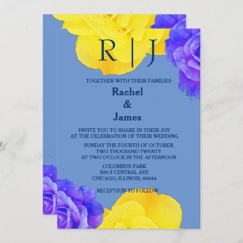 Yellow Blue Floral Elegant Rose Flowers Wedding Invitation