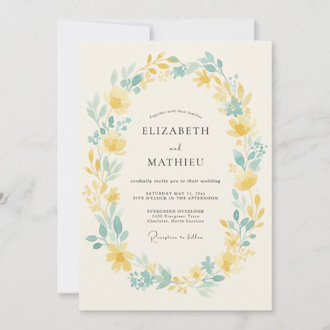 Yellow Blue Floral Flourish Wedding Invitation (Front)