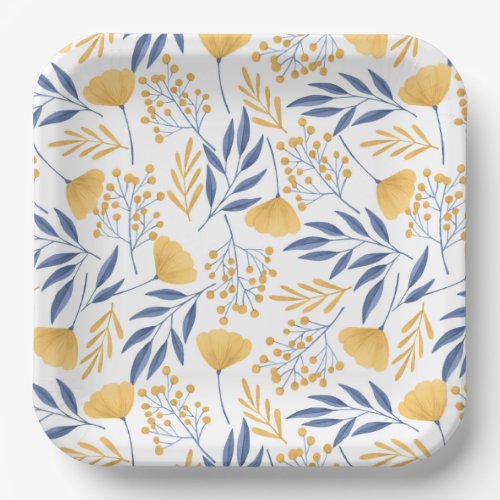Yellow Blue Floral Flowers Birthday Party Shower Paper Plates