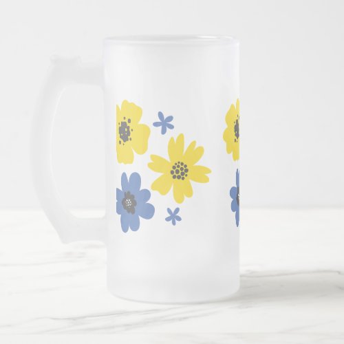 Yellow blue floral frosted glass beer mug