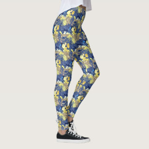 Yellow Blue Floral Gold Glitter Vintage Girly Cute Leggings