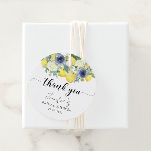 Yellow blue floral lemon bridal shower thank you favor tags